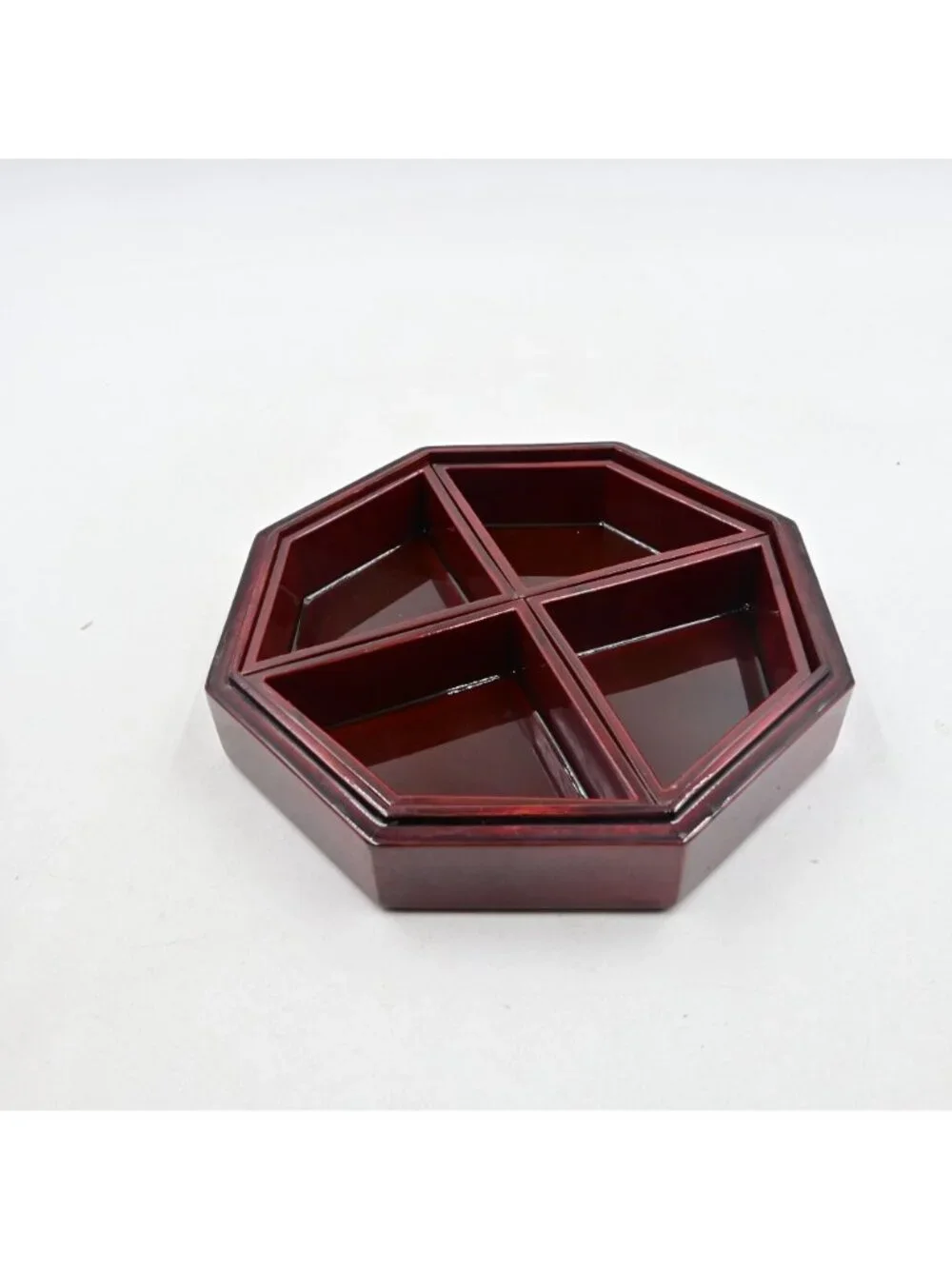 Asian Octagonal Red Lacquered Box Mother-Of-Pearl Inlay Jewelry Candy Bento